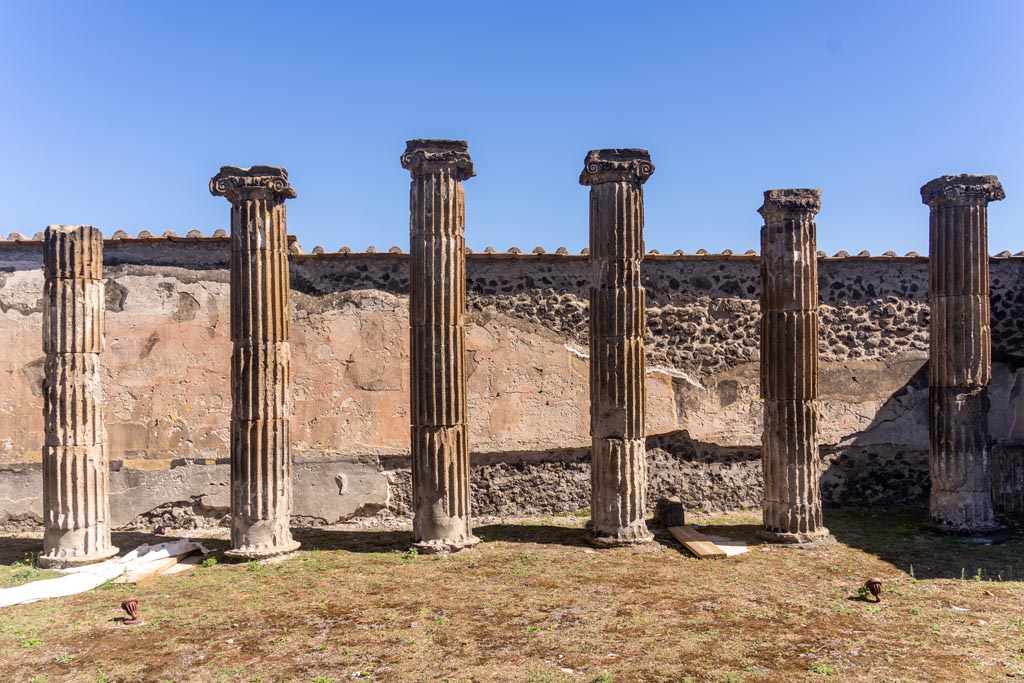 VII.8.1 Pompeii. October 2023. Looking towards columns and east wall. Photo courtesy of Johannes Eber.