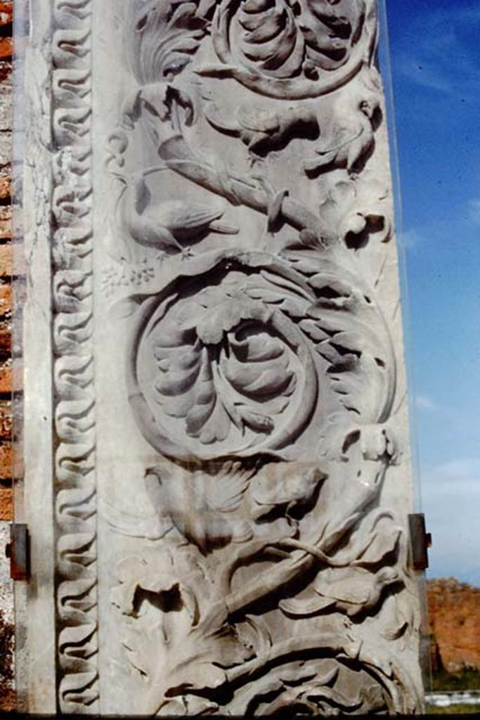 VII.9.1 Pompeii. 1991. Entrance decoration, detail of photo above and below, from north side of doorway.
Source: The Wilhelmina and Stanley A. Jashemski archive in the University of Maryland Library, Special Collections (See collection page) and made available under the Creative Commons Attribution-Non Commercial License v.4. See Licence and use details. J91f0001
