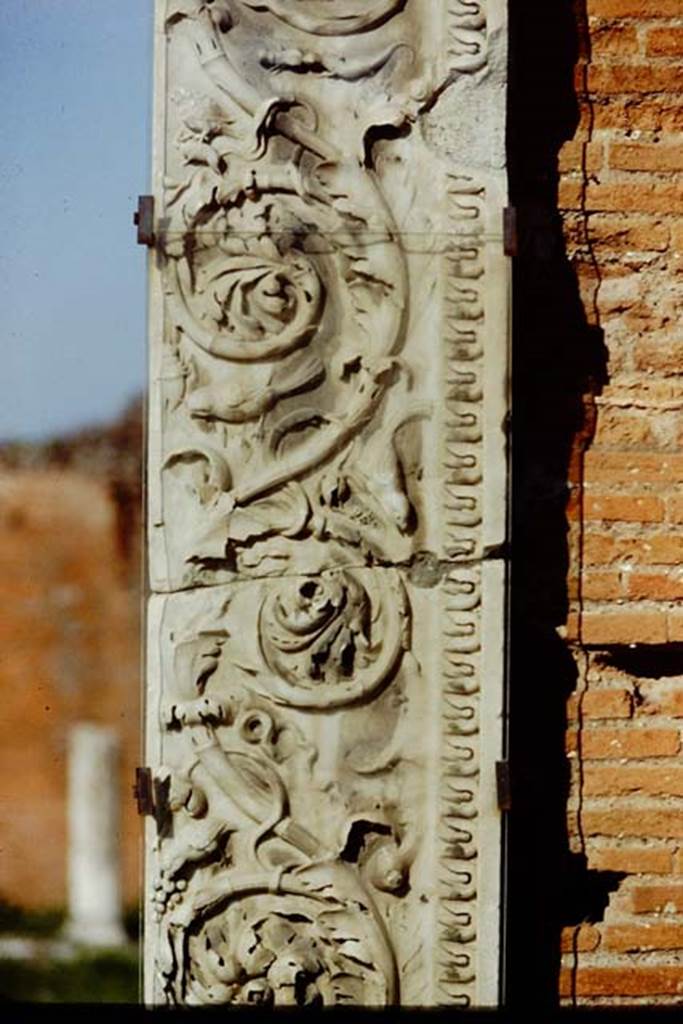 VII.9.1 Pompeii. 1991. Entrance decoration from south side of doorway. 
Source: The Wilhelmina and Stanley A. Jashemski archive in the University of Maryland Library, Special Collections (See collection page) and made available under the Creative Commons Attribution-Non Commercial License v.4. See Licence and use details. J91f0005
