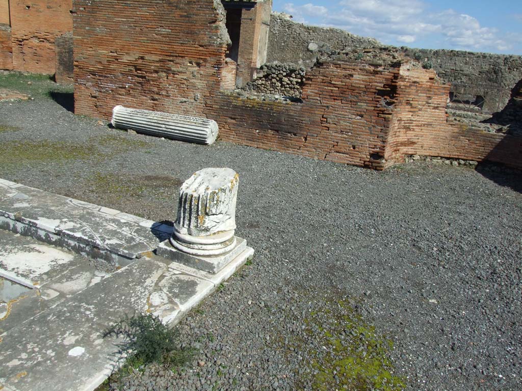 VII.9.1 Pompeii. March 2009. South-east corner of colonnade 9. Remains of column and small apse in rear wall at south end.