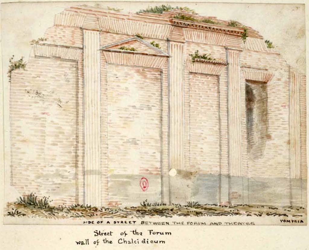 VII.9.1 Pompeii. Between 1819 and 1832, sketch by W. Gell, "Street of the Forum wall of the chalcidicum".
See Gell, W. Pompeii unpublished [Dessins de l'édition de 1832 donnant le résultat des fouilles post 1819 (?)] vol II, pl. 37.
Bibliothèque de l'Institut National d'Histoire de l'Art, collections Jacques Doucet, Identifiant numérique Num MS180 (2).
See book in INHA Use Etalab Licence Ouverte
