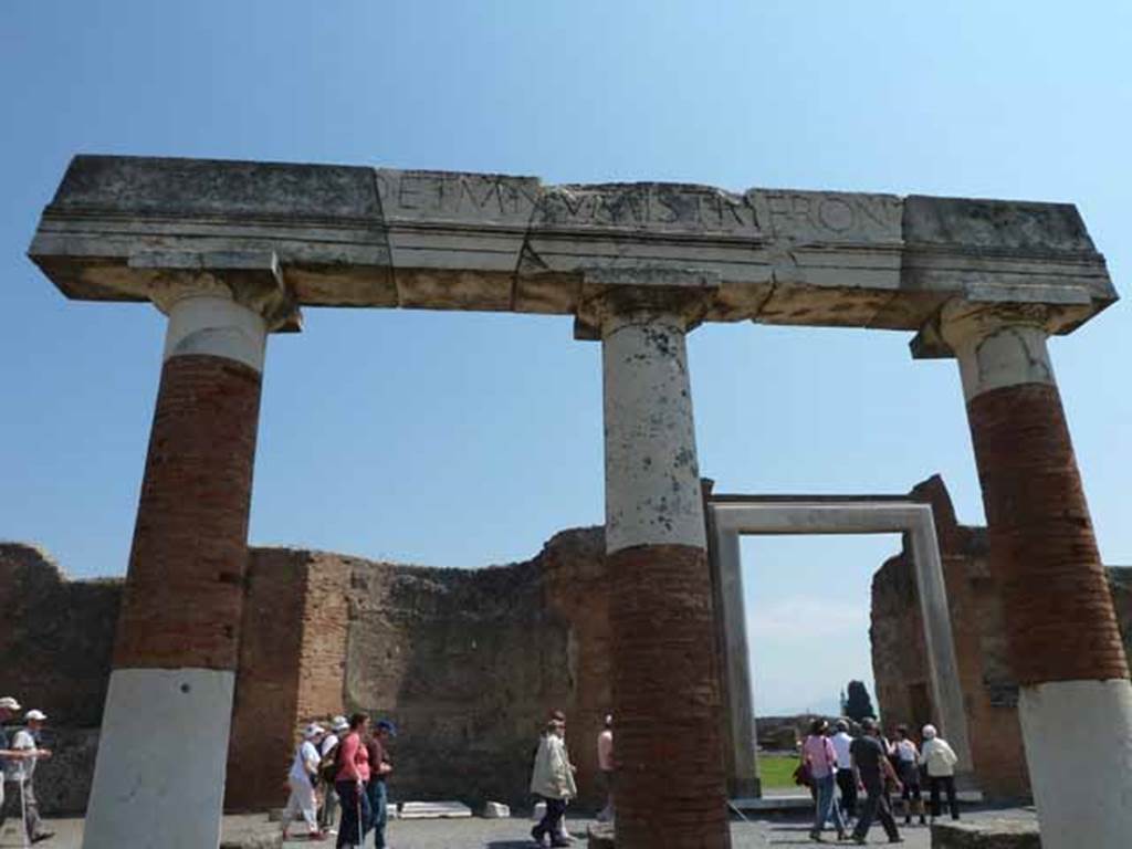 VII.9.1 Pompeii. May 2010. Eumachia’s Building portico. North part with part of inscription above.