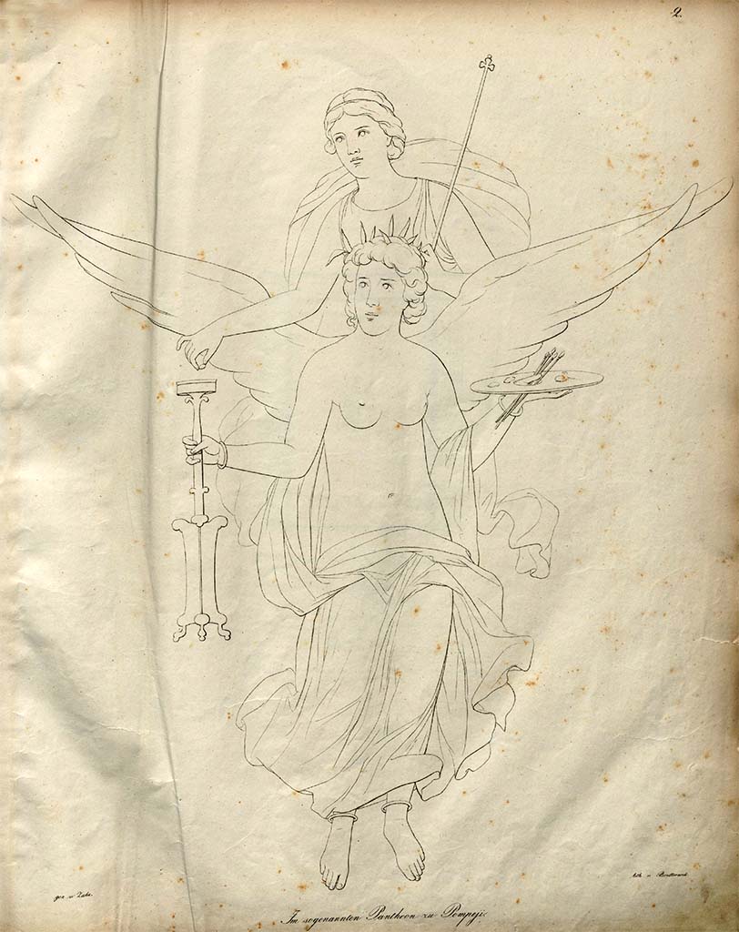 VII.9.7 and VII.9.8 Pompeii. Macellum. Pre-1828. Drawing by Zahn, of group of two figures seen on the west wall. 
See Zahn, W., 1828-29. Die schönsten Ornamente und merkwürdigsten Gemälde aus Pompeji, Herkulanum und Stabiae: I. Berlin: Reimer, taf. 2.
See also Real Museo Borbonico, Vol. II, 1825, Tav. XIX (upper).

