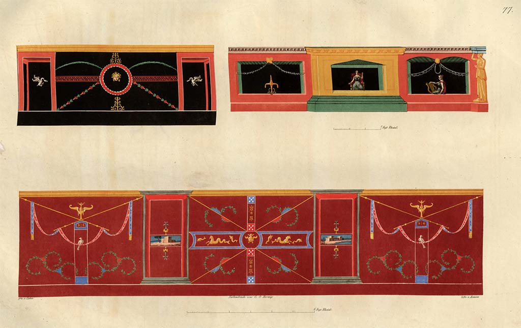 VII.9.7 and VII.9.8 Pompeii. Macellum. Pre-1828. 
Painting by Zahn, the first two are from Pompeii. On the right from the Pantheon, the bottom of a wall seen in Pl.19. 
The lower one is in Naples Museum.
See Zahn, W., 1828-29. Die schönsten Ornamente und merkwürdigsten Gemälde aus Pompeji, Herkulanum und Stabiae: I. Berlin: Reimer, taf. 77.

