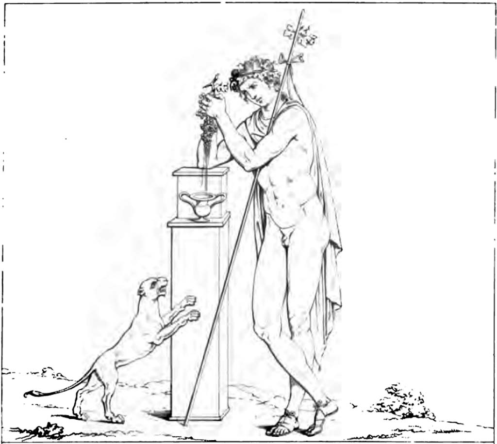 A Pompeian wine-seller who did his business in that street, where is now the entrance to the building vulgarly called Pantheon, had painted on one side of his shop Mercury to make it propitious to his trade, and on the other the Bacchus we publish here as the finder of the liquor he sold. 