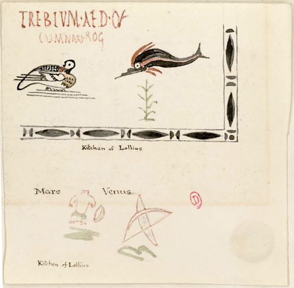 VII.9.33 Pompeii (?). Sketch by William Gell described as “Kitchen of Lollius”. 
The sketches under Mars and Venus match those at the feet of the paintings of Mars and Venus shown in the 1930s photos above. 
See Gell, W. Pompeii unpublished [Dessins de l'édition de 1832 donnant le résultat des fouilles post 1819 (?)] vol II, pl. 89v.
Bibliothèque de l'Institut National d'Histoire de l'Art, collections Jacques Doucet, Identifiant numérique Num MS180 (2).
See book in INHA Use Etalab Licence Ouverte

