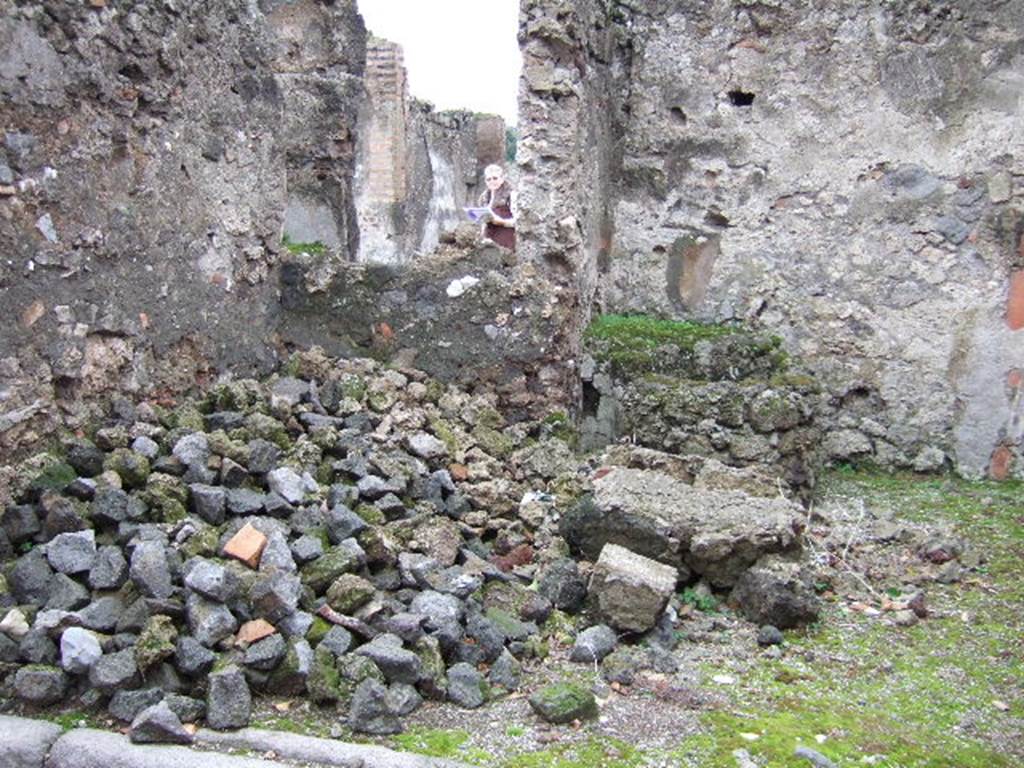 VII.9.46 Pompeii. December 2005. South-east corner, with site of podium, basin and deep well.
According to Breton, when excavated there was a well that was 35.25m deep here.
See Breton, Ernest. 1870. Pompeia, Guide de visite a Pompei, 3rd ed. Paris, Guerin. 
According to Gell, directly opposite the gate of the Pantheon is the well, about 116 feet deep, the water of which is singularly cold and very slightly brackish.
See Gell, W, 1832. Pompeiana: Vol 1. London: Jennings and Chaplin, (p.10-11).
