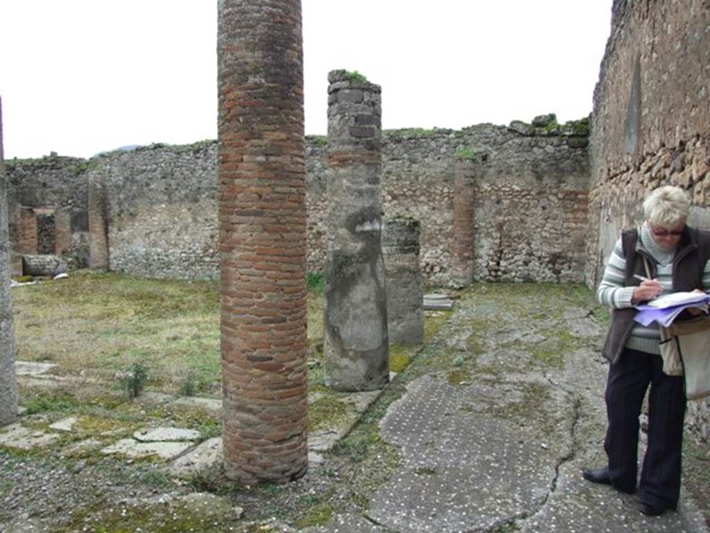 VII.9.47 Pompeii.  March 2009.  West Portico area of garden. Looking south.  An altar was found built against the column in the north west corner of the Portico area, opposite the Oecus in Room 11, which might have been an Oecus-Sacrarium.