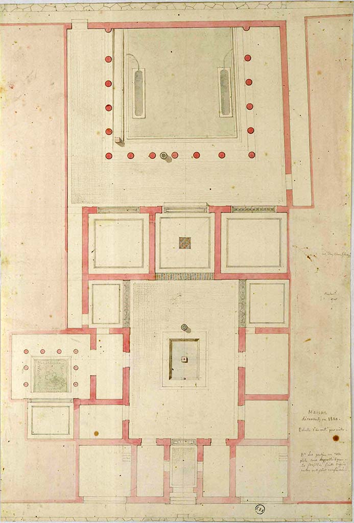 VII.9.47 Pompeii. Plan of house discovered in 1820. Painting by Lesueur "Maison découverte en 1820".
See Lesueur, Jean-Baptiste Ciceron. Voyage en Italie de Jean-Baptiste Ciceron Lesueur (1794-1883), pl. 1.
See Book on INHA reference INHA NUM PC 15469 (04)  « Licence Ouverte / Open Licence » Etalab
