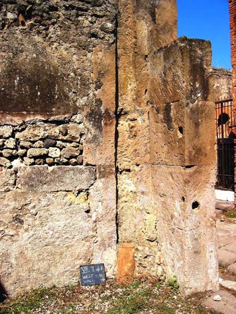 VII.9.48 Pompeii. July 2008. North-west corner of shop, with downpipe. Photo courtesy of Barry Hobson.