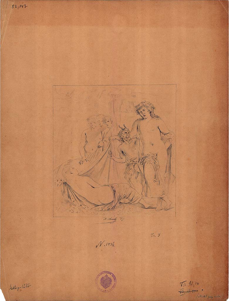 VII.10.3 Pompeii but described as from VII.10.14. Room 7, tablinum.
Drawing by A. Aurelj of painting from centre of south wall showing Dionysius finding Ariadne.
DAIR 83.147. Photo © Deutsches Archäologisches Institut, Abteilung Rom, Arkiv.
