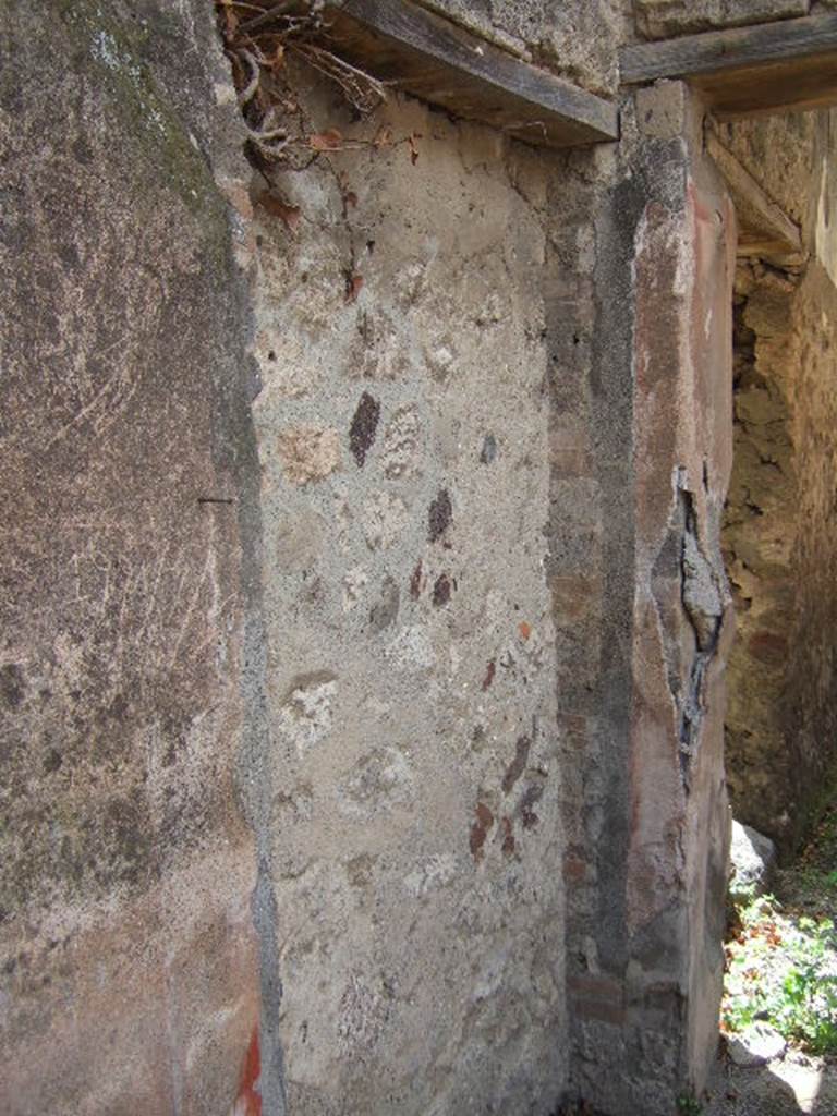 VII.10.3 Pompeii. December 2005. Garden 13, south-west corner of peristyle, with blocked doorway leading to VII.10.14. According to Jashemski, steps led from the peristyle to a large garden, which was excavated in 1863, with a separate entrance at number 14.
See Jashemski, W. F., 1993. The Gardens of Pompeii, Volume II: Appendices. New York: Caratzas. (p.191)
According to Amoroso, on the south-west side of the peristyle was the possible entrance to the large garden (see VII.10.14), which was characterised by the presence of a basin covered in cocciopesto (opus signinum) towards the extreme north-west corner, and with a lararium with an altar in front, in the south-east corner. 
Studi della Soprintendenza archeologica di Pompei, 22: l”Insula VII, 10 di Pompei, by Angelo Amoroso, (p.29) 

The doorway from the peristyle to corridor 8 leading to the atrium, can be seen on the right above. A doorway to room 17 is on the left in the corridor, after the blocked doorway. According to Fiorelli, this doorway led to wooden stairs that would have gone up to the upper rooms.
See Pappalardo, U., 2001. La Descrizione di Pompei per Giuseppe Fiorelli (1875). Napoli: Massa Editore. (p.108)

According to Amoroso, room 17 was possibly a small storeroom with a window in its east wall, which took light from the garden area. It had two doorways, one north into the corridor that can be seen above, on the right. The other doorway led west into another corridor leading south into the kitchen area. On the south side of the kitchen area was the access to Vicolo degli Scheletri. On the west of the kitchen was another room, room 22, which was possibly another small storeroom . 
Studi della Soprintendenza archeologica di Pompei, 22: l”Insula VII, 10 di Pompei, by Angelo Amoroso, (p.55) 
