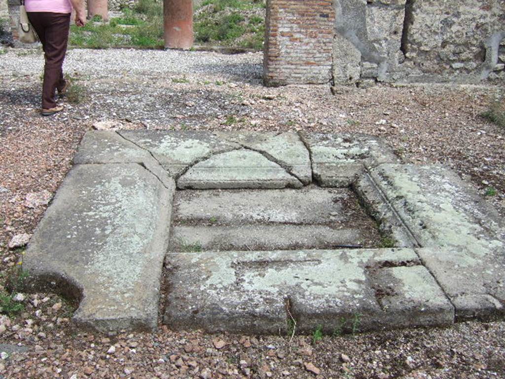 VII.10.5 Pompeii. May 2006. Impluvium in atrium, looking east towards peristyle. The zoccolo or dado of the atrium walls would have been painted black/violet, preserved towards the north-east side and the east wall. 
Studi della Soprintendenza archeologica di Pompei, 22: l”Insula VII, 10 di Pompei , by Angelo Amoroso. (p.42)
According to Bragantini et al, on the west side of the south wall, the zoccolo of the wall was seen to be violet. In the middle zone was a white central panel (perhaps with a painting?), the side panels were red.
See Bragantini, de Vos, Badoni, 1986. Pitture e Pavimenti di Pompei, Parte 3. Rome: ICCD. (p.182)
