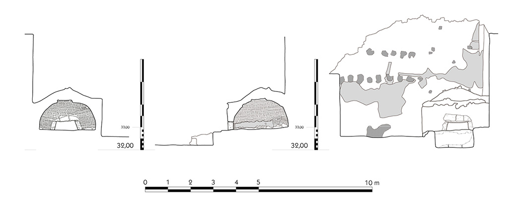 Fig. 42 – Pompéi, boulangerie VII 12, 7 – Coupe transversale, coupe longitudinale et élévation du four.
Échelle : 1/100.
Relevé / dessin : F. Fouriaux / S. Mencarelli – EFR.
