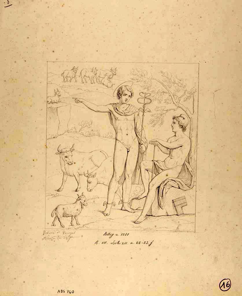 VII.12.23 Pompeii. Room to west of garden, north wall, west end.
Drawing by N. La Volpe of painting of Paris being informed of the arrival of the three goddesses by Hermes. 
See Helbig, W., 1868. Wandgemälde der vom Vesuv verschütteten Städte Campaniens. Leipzig: Breitkopf und Härtel, (1281).
Now in Naples Archaeological Museum. Inventory number ADS 740. 
Photo © ICCD. http://www.catalogo.beniculturali.it
Utilizzabili alle condizioni della licenza Attribuzione - Non commerciale - Condividi allo stesso modo 2.5 Italia (CC BY-NC-SA 2.5 IT)
