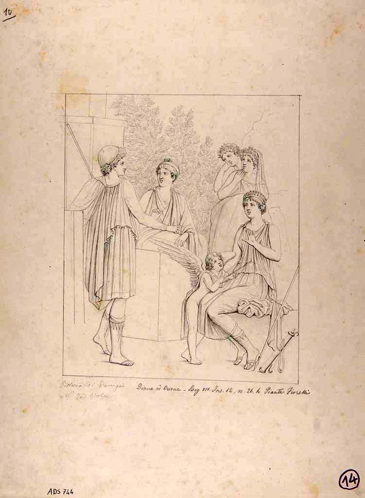 VII.12.26 Pompeii. Drawing by Nicola La Volpe, of painting of Artemis and Callisto from the central panel of the west wall of triclinium.
Now in Naples Archaeological Museum. Inventory number ADS 744.
Photo © ICCD. http://www.catalogo.beniculturali.it
Utilizzabili alle condizioni della licenza Attribuzione - Non commerciale - Condividi allo stesso modo 2.5 Italia (CC BY-NC-SA 2.5 IT)
