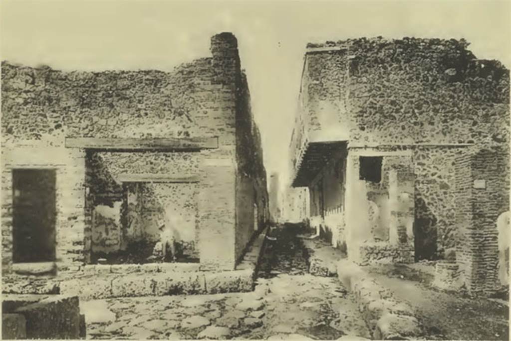 VII.12.28 Pompeii. Looking west c.1880, along Vicolo del Balcone Pensile with house on right.