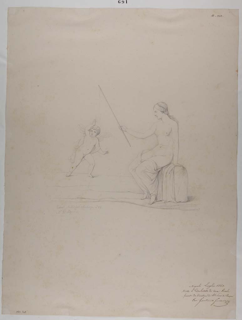 VII.13.4 Pompeii. Drawing by Nicola La Volpe, c.1860, of painting of Venus pescatrice, from cubiculum.
Now in Naples Archaeological Museum. Inventory number ADS 749.
Photo  ICCD. http://www.catalogo.beniculturali.it
Utilizzabili alle condizioni della licenza Attribuzione - Non commerciale - Condividi allo stesso modo 2.5 Italia (CC BY-NC-SA 2.5 IT)
