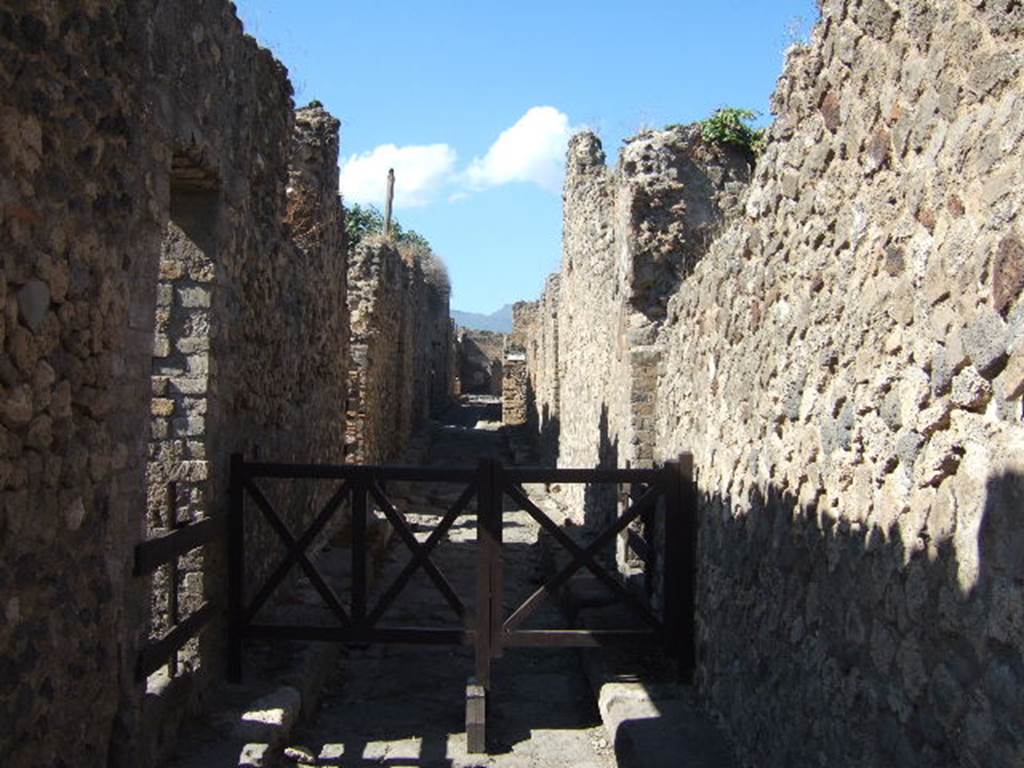 VII.13.11 Pompeii. September 2005. Vicolo della Maschera looking north.VII.14 on right.
