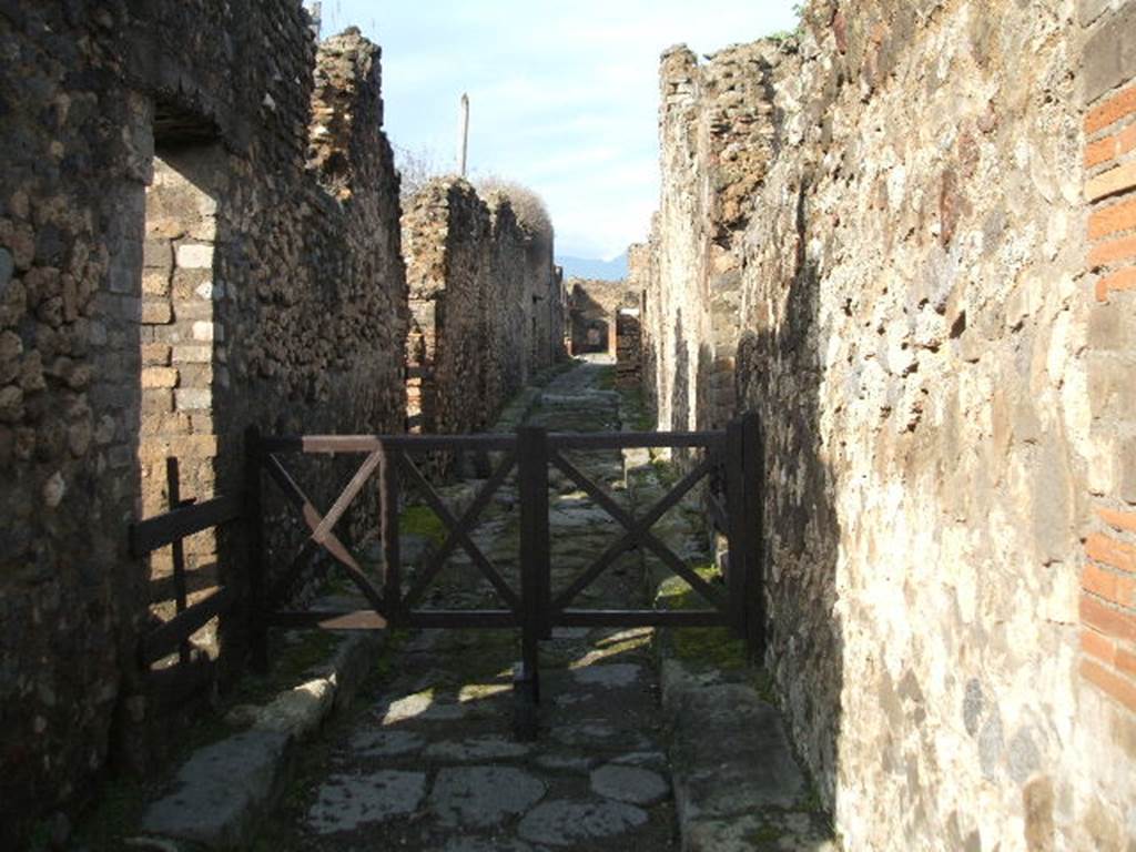 VII.13.11 Pompeii. December 2004. Vicolo della Maschera looking north. VII.14 on right.