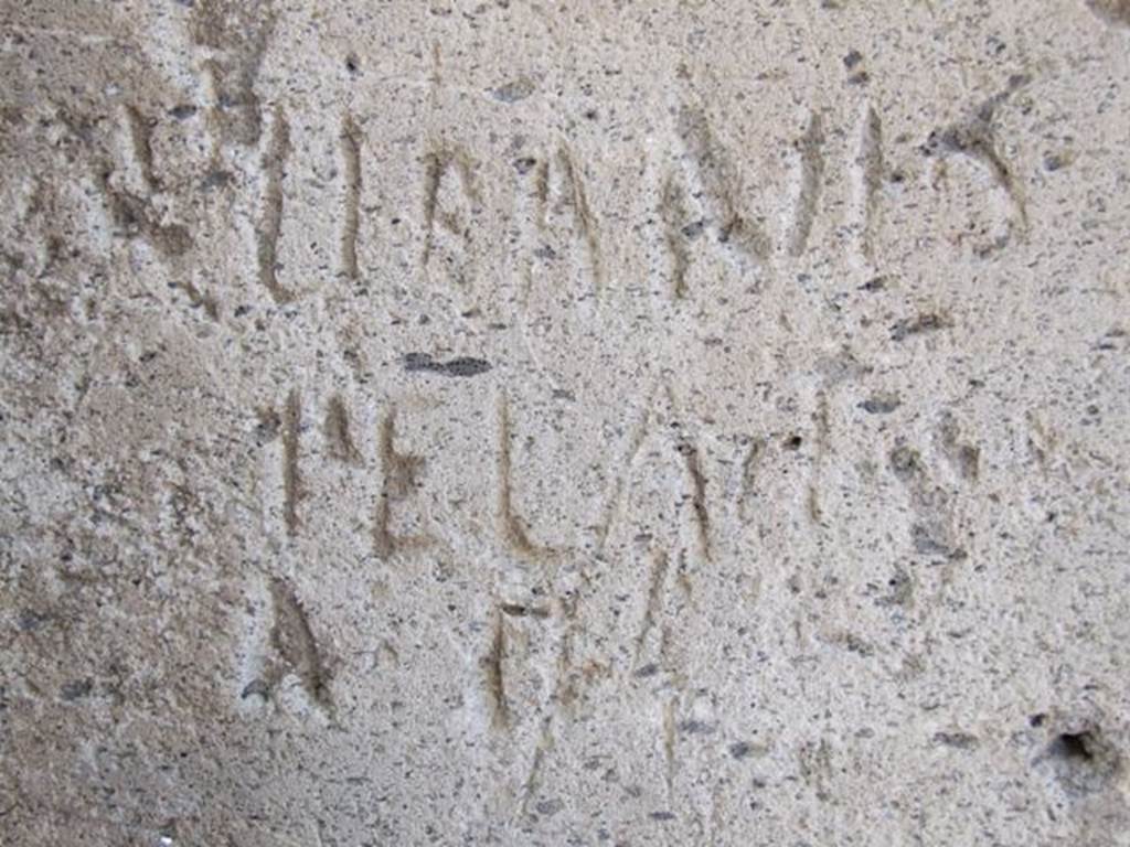 VII.13.14 Pompeii. December 2006. Stone block with inscription “LIBANIS FELAT A . II”.   Picture rotated 90 degrees to the right for readability. The Epigraphik-Datenbank Clauss/Slaby (See www.manfredclauss.de) records an inscription: Libanis / fel(l)at / a(ssibus) II      [CIL IV 2028 (p 704)]
