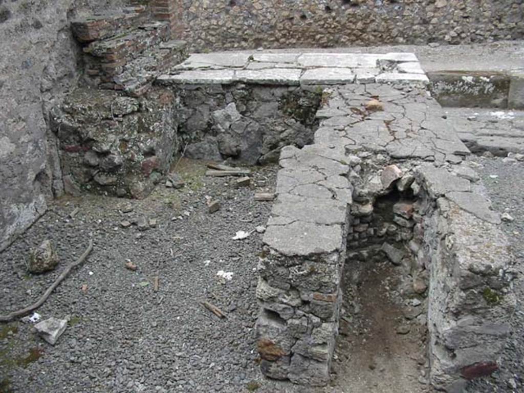 VII.13.24 Pompeii. May 2003. Looking west from rear of counter across hearth. Photo courtesy of Nicolas Monteix.