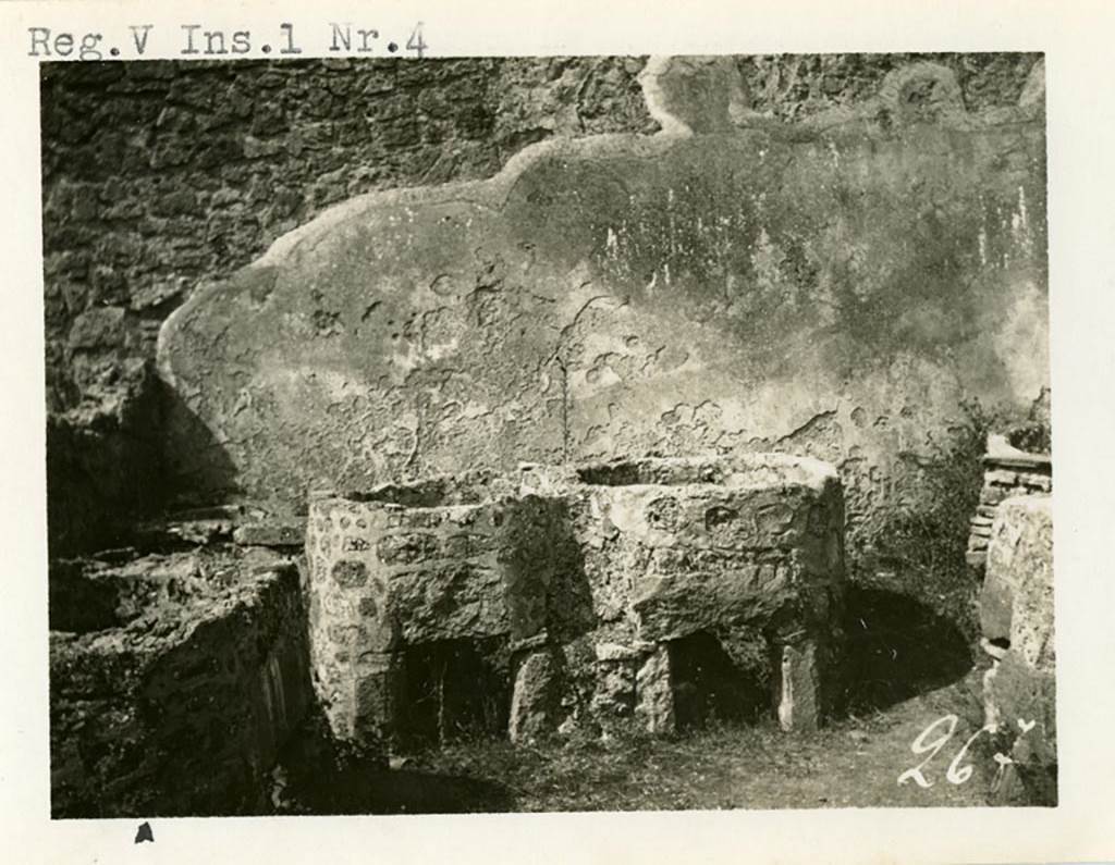 VII.14.5 Pompeii, although numbered as V.1.4 on photo. Pre-1937-1939. 
Room 23, looking towards the west wall and south-west corner. 
Photo courtesy of American Academy in Rome, Photographic Archive. Warsher collection no. 267.
