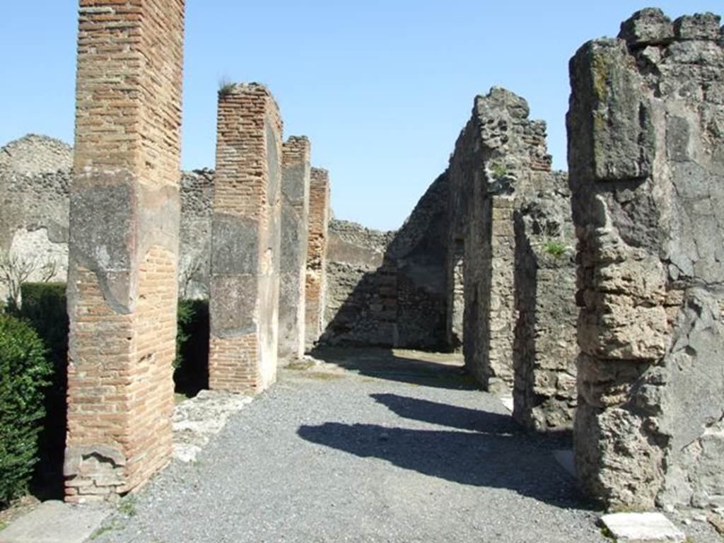 VII.14.9 Pompeii. March 2009. Looking east across the south portico.
According to Jashemski, the garden excavated in 1838, had a wide portico on the south supported by five heavy pillars. There was a cistern opening next to the second pillar from the east. Both the tablinum and the corridor on the right side of the tablinum led to the portico.
See Jashemski, W. F., 1993. The Gardens of Pompeii, Volume II: Appendices. New York: Caratzas. (p.198)
