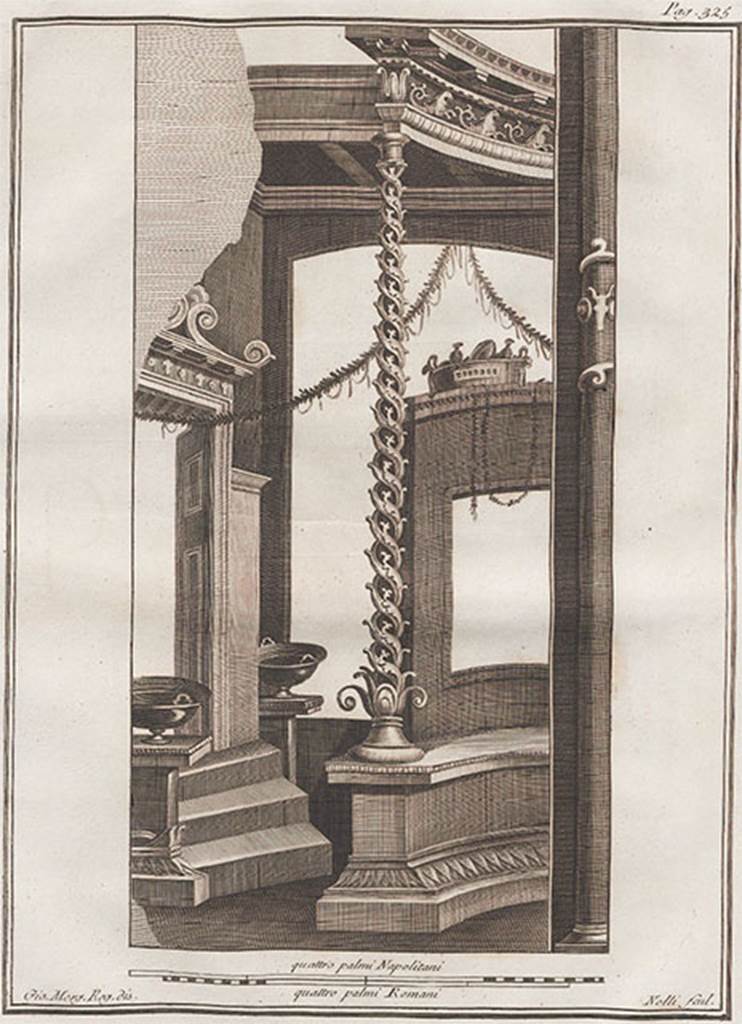 VII.16.22 Pompeii . Architectural drawing of painting, from one of the atrium walls.
See Antichità di Ercolano: Tomo Quarto: Le Pitture 4, 1765, Tav. LXV, p. 323-5.
See Kockel V., 1986. Funde und Forschungen in den Vesuvstadten 2: Archäologischer Anzeiger, Heft 3. 1986, p. 508, note 250