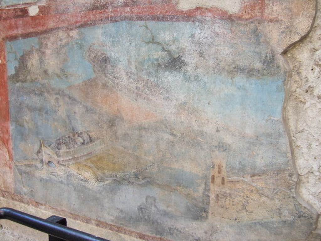 VII.16.a Pompeii. September 2005. Room 9, north wall. Naval scene..