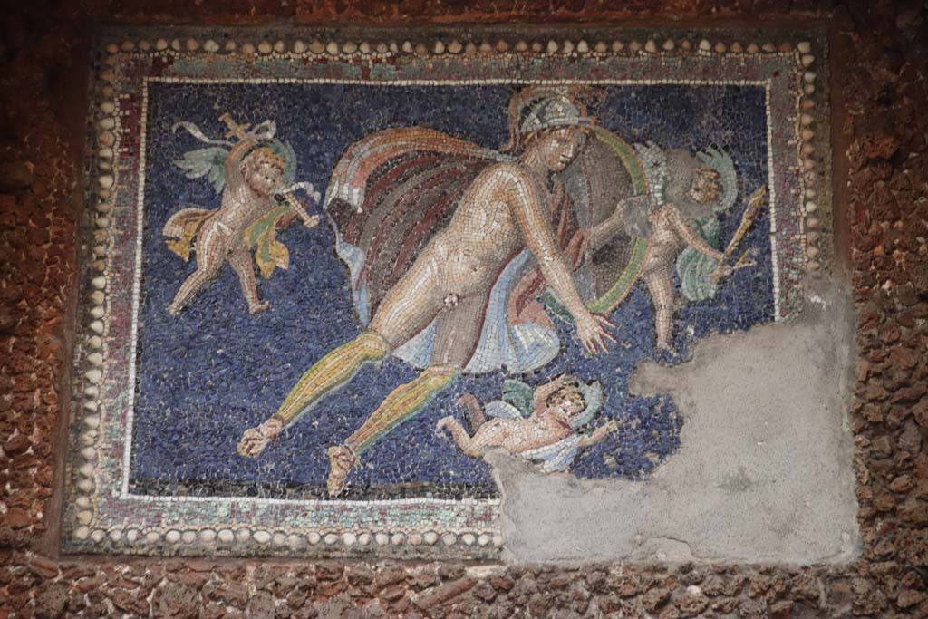 VII.16.a Pompeii. September 2021. 
Room 9, nymphaeum. Detail of mosaic centrepiece with Mars and three cherubs. Photo courtesy of Klaus Heese.
