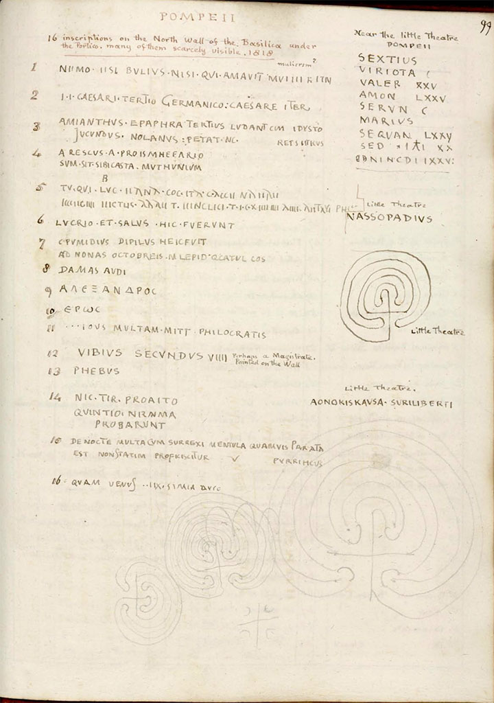 VIII.1.1 Pompeii. Between 1819 and 1832, drawing by W. Gell, on the left, described as –
“16 inscriptions on the north wall of the Basilica under the portico, many of them scarcely visible, 1818.” 
On the right, “Near the Little Theatre, Pompeii”.
See Gell, W. Pompeii unpublished [Dessins de l'édition de 1832 donnant le résultat des fouilles post 1819 (?)] vol II, pl. 99.
Bibliothèque de l'Institut National d'Histoire de l'Art, collections Jacques Doucet, Identifiant numérique Num MS180 (2).
See book in INHA Use Etalab Licence Ouverte
