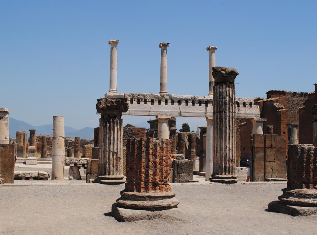 VIII.1.1 Pompeii. July 2012. Looking east towards south end of the Forum.
Photo courtesy of John Vanko. His father took the identical photo in February 1952, see below.
