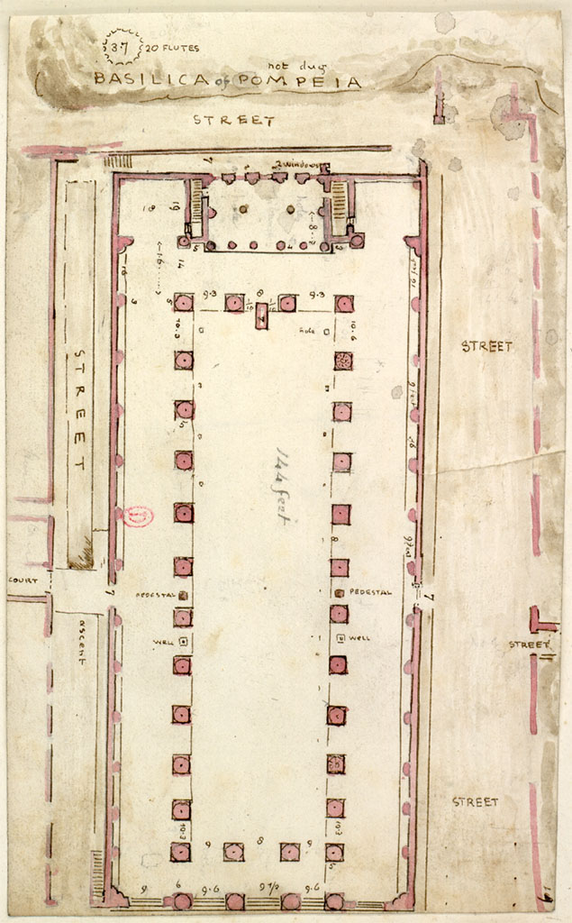 VIII.1.1 Pompeii. c.1819. Drawing by W. Gell of the Basilica
At the rear of the Basilica are steps, presumably leading to the Temple of Venus.
See Gell W & Gandy, J.P: Pompeii published 1819 [Dessins publiés dans l'ouvrage de Sir William Gell et John P. Gandy, Pompeiana: the topography, edifices and ornaments of Pompei, 1817-1819], pl. 80.
See book in Bibliothèque de l'Institut National d'Histoire de l'Art [France], collections Jacques Doucet Gell Dessins 1817-1819
Use Etalab Open Licence ou Etalab Licence Ouverte
