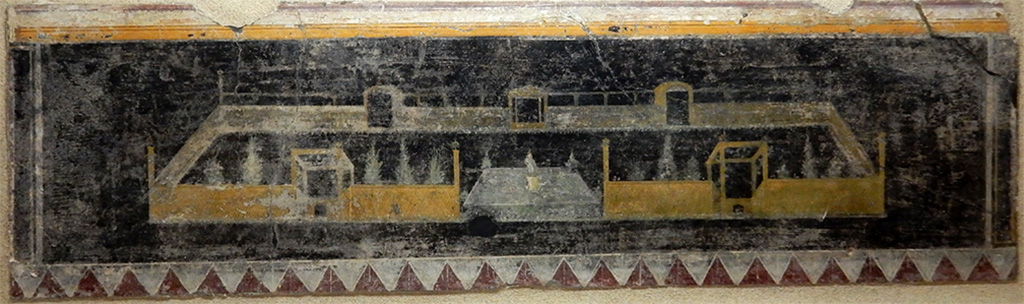 VIII.1.a Pompeii. May 2018. Garden fresco from external portico on western side of villa.
The fresco panel reproduces the layout of a garden and testifies to the ancient Pompeians attention the art of topiary. 
Now in Boscoreale Antiquarium. Photo courtesy of Buzz Ferebee.
See http://pompeiisites.org/boscoreale/antiquarium-sala-i/

