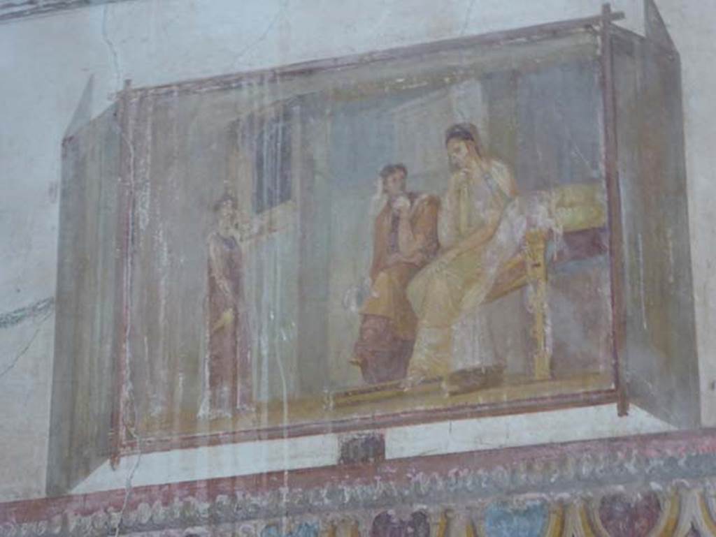 VIII.1.a, Pompeii. June 2017. Painted panel from east end of south wall of seated Poetess, Corinna, Sapho.
Photo courtesy of Michael Binns.
