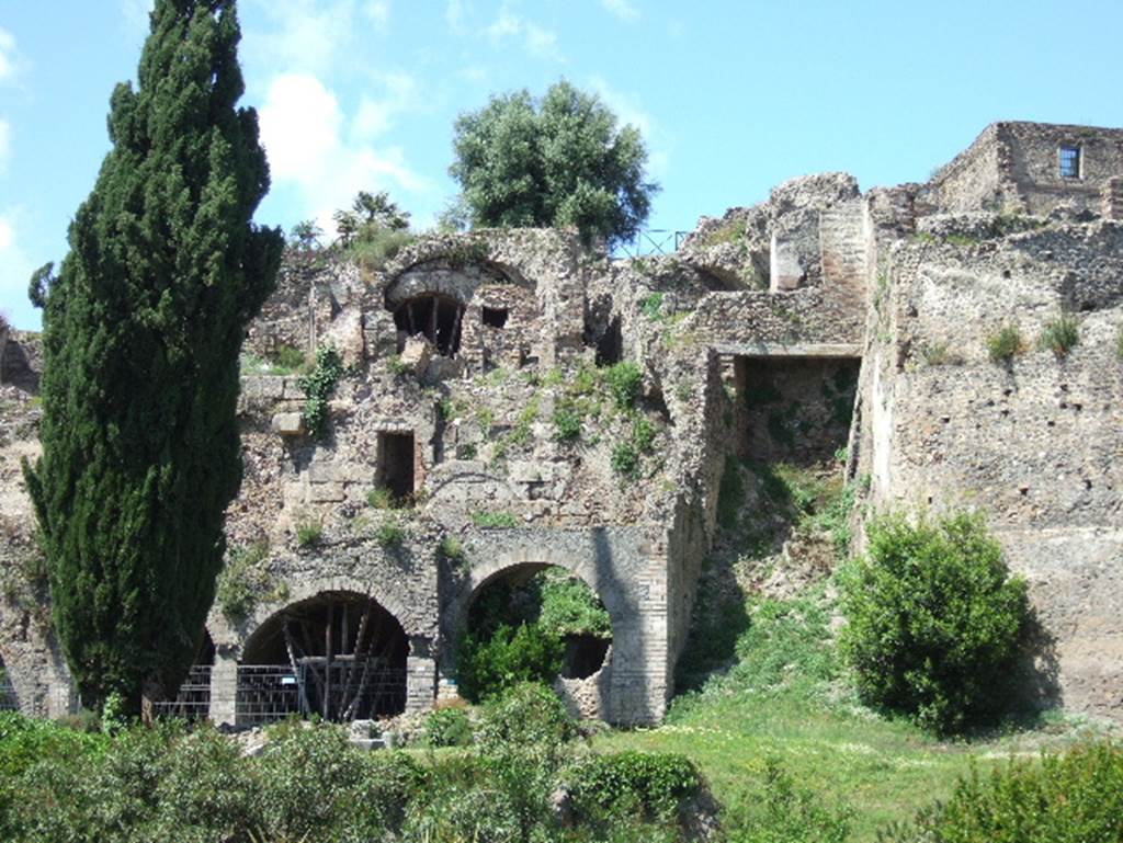 Rear of VIII.2.3 Pompeii. May 2006. Looking north towards rear of Casa di Championnet II. This area can be seen on the right of the tree in the centre of the photo. Underneath the house is the large square opening.


