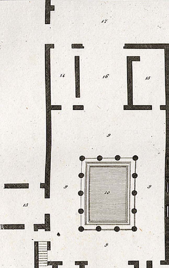 VIII.2.3 Pompeii. 
Rear (south) part of peristyle/garden area numbered 9 and 10 on part of plan by Mazois.
13 would have been a large room, (doorways, now bricked up). 
  According to Mazois, it was part of a large apartment which had not yet been excavated.
14: room or oecus in south-east corner of peristyle area, leading through to terrace. 
15: room or oecus in south-west corner of peristyle area.
16: large oecus on south side of peristyle garden, with fine view from terrace.
17: would have been a terrace, built over the city walls with fine views towards the sea.
See Mazois, F., 1824. Les Ruines de Pompei : Second Partie. Paris: Firmin Didot, p.61, (part of. Pl. XXI).
