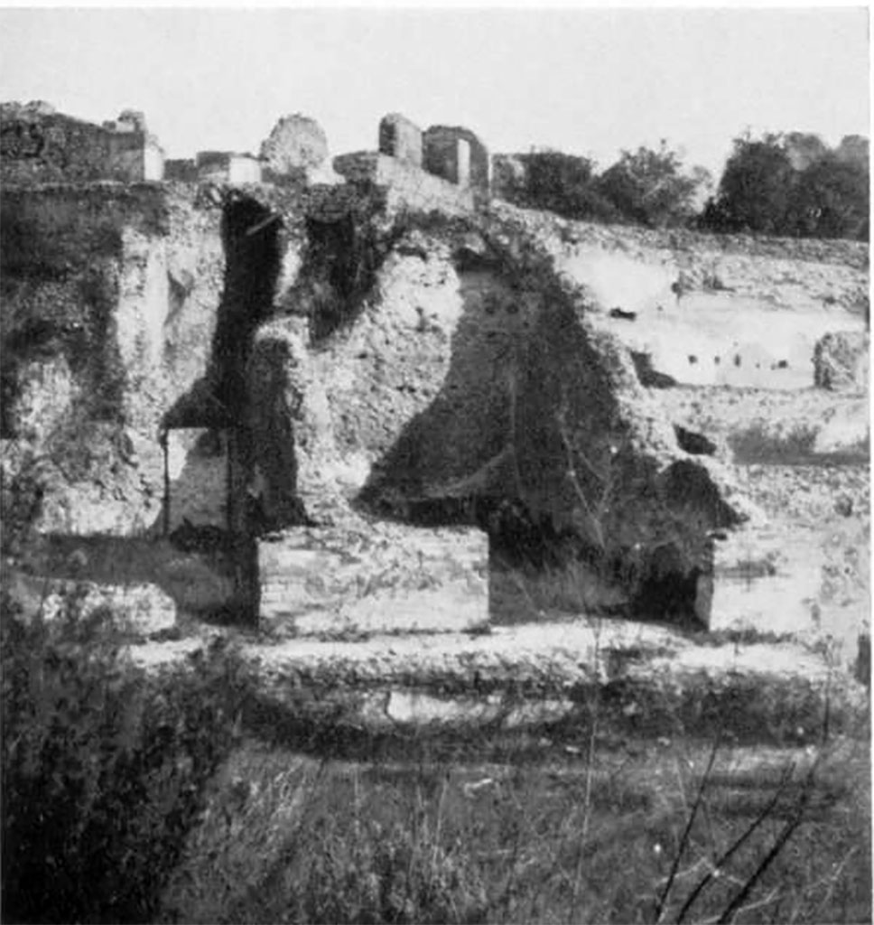 VIII.2.3/5/14/16 Pompeii. Pre 1936. Looking north-east towards lower levels at rear of house, with VIII.2.16 at top. 
These rooms are described in BdI, as being part of Group 4 comprising of two spacious rooms, see BdI 1892 plan, above. 
On the left would be Room 11 (Zanella 224) with doorway to corridor, on the right would be room 10, (Zanella 223).
See Noack, F. and Lehmann-Hartleben, K., 1936. Baugeschichtliche Untersuchungen am Stadtrand von Pompeji. Berlin: De Gruyter, taf. 53,4.

According to PPM  VIII.2.14-16 (p.74 and 75)  regarding rooms on lower levels -
and those (rooms) on the west side belonged in reality to the house at nos. 3-5.
And -
On the lower level, and reachable by stairs towards the west, were rooms 10-13, which had mosaic flooring and remains of paintings of mediocre quality.
The rooms (14-22), about 3m higher than the rooms 10-13, were probably reachable from the house at no. 3, even if built in the same building phase.
(For photos taken of rooms 16 and 22, see VIII.2.3, pt.2). 
See Carratelli, G. P., 1990-2003. Pompei: Pitture e Mosaici. VIII. (8). Roma: Istituto della enciclopedia italiana, (p. 74 and 75).
See also Mau, in Bullettino dellInstituto di Corrispondenza Archeologica (DAIR), 1892, p.3-16, and Tav. 1. 
