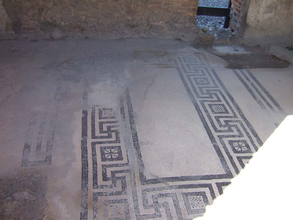 VIII.2.16 Pompeii. September 2005. Mosaic floor in two-bedded cubiculum on north side of atrium.
On both sides of the central mosaic motif was a mosaic delineation for a bed on either side.
