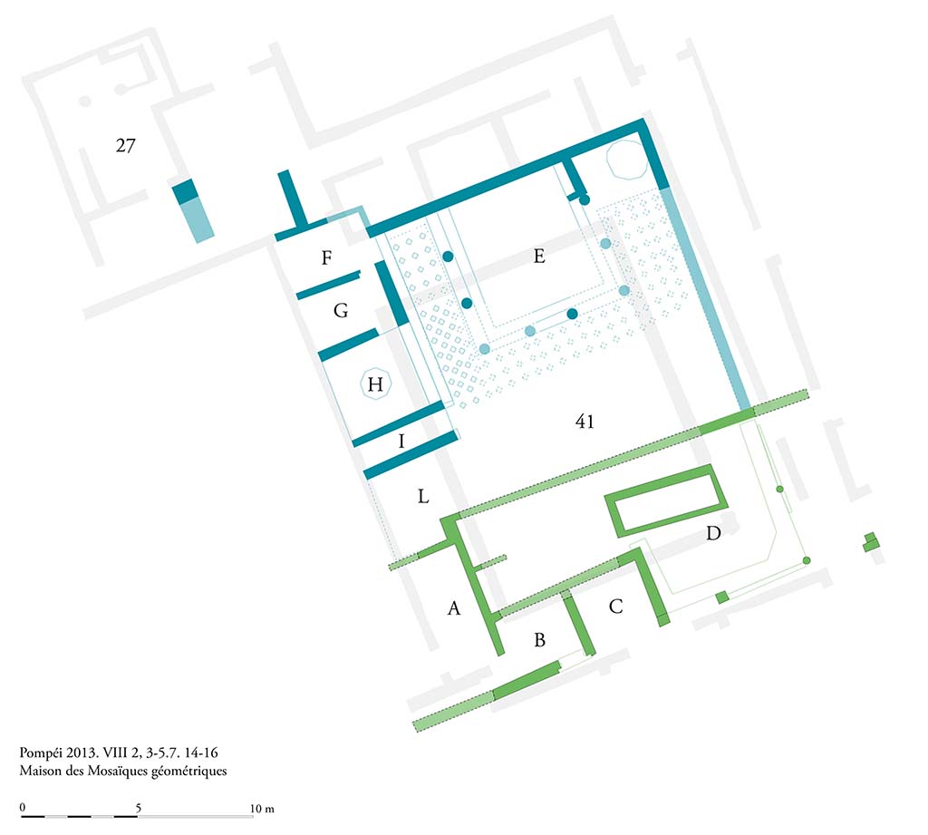 Fig. 4 - Pompi, Maison des Mosaques gomtriques. Les structures dcouvertes. Hypothses de reconstruction.
Photo courtoisie de Sandra Zanella.  Agrandir / Enlarge (jpg, 760k)
