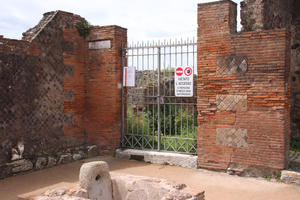 VIII.2.20 Pompeii. May 2024. Entrance doorway to Sarno Baths with fountain outside. Photo courtesy of Klaus Heese.