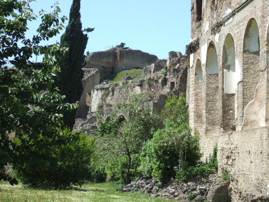 VIII.2.20 Pompeii. May 2006. Rear of Sarno Baths (right) and rear of VIII.2. (centre).