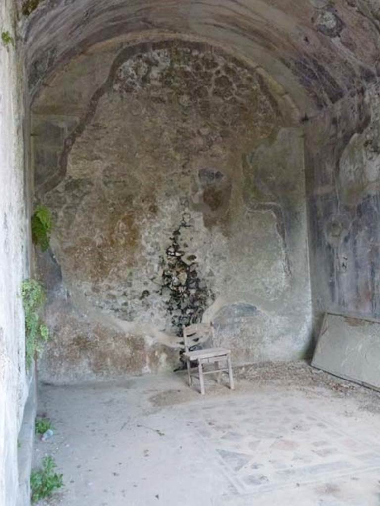 VIII.2.26 Pompeii. September 2011. Looking north into triclinium, from narrow doorway in south-west corner. 
According to Allison, this triclinium was at the east end of the corridor.
It had a large window in its south wall. the walls were decorated in an elaborate Third Style on a black background. They were decorated with geometric motifs in the dado (zoccolo), and the central and upper zones of the walls had fantastic architecture, candelabras and floating figures. The ceiling was also black with triangles, lozenges, flowers and medallions, in red, white and yellow. The floor was of cocciopesto with an emblema in opus sectile consisting of squares, triangles, rectangles and circles of coloured marble, with a border of black and white mosaic. See Allison, P.M., www.stoa.org/projects/ph/rooms?houseid=25 
