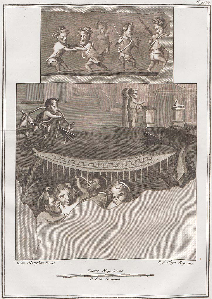 VIII.2.28 Pompeii. Two engravings of paintings found in this room. 
See Antichità di Ercolano: Tomo Setto: Le Pitture 5, 1779, p.305, Tav. LXVIII.
According to Pagano and Prisciandaro –
(Note 132 – almost certainly provenanced from the same room was the “fight between five pygmies, three are crowned, one holds a rod, and two have a circular weapon collar”).  (““lotta tra cinque pigmei, tre sono coronati, uno regge un’asta, due hanno un cerchio ad arma collo”).
According to PAH -
“A room was discovered with collapsed roof, it was garnished with Sarno stone with much work of pieces of pumice? in the centre there was a niche with a masonry fountain, garnished with a mosaic of many colours that had been drained by the ancients (che era stata drizzata dagli antichi): there were two bands of mosaic in many colours, the first of a palm and two on, by three and eight (0.31m x 0.97m).
Four paintings were discovered in front of the fountain: 

(Not cut) – of a landscape with two trees, the sea with two boats, one being rowed by four men, one lying down, one playing the harp, under the boat was an animal similar to a crocodile.
(Not cut) – another, with a man on a tree with something in his right hand, which seems to pull an animal. 
Another which shows a nude man with a stick around his neck with many things attached to it, four others are eating, one drinking from a water bottle under a tent, two women dressed in mantles are near a tree.  (NAP 9090, 9100). AdE VII, 68, 305, see above.
(Not cut) – of a landscape, showing a tower and two trees, a duck, a person with a stick in their hand.

The room was adorned with marble, which had already been stripped by the ancients.”
See Fiorelli G., 1860. Pompeianarum antiquitatum historia, Vol. 1: 1748 - 1818, Naples, 1, 78, (26th August 1758) and Addendum 138.
