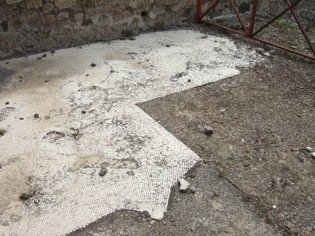 VIII.2.34 Pompeii. May 2006. Room ‘n’, decorated white mosaic floor in oecus/triclinium, looking south-east.