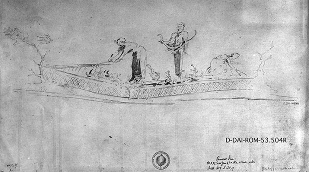 VIII.2.39 Pompeii. 19th century drawing by G. Discanno. Ala (h), lower north wall below centre panel.
Garden scene with two women dedicated to plant care. In the centre is a herm of Priapus with his robe lifted and full of fruit
DAIR 53.504. Photo © Deutsches Archäologisches Institut, Abteilung Rom, Arkiv. 
See Carratelli, G. P., 1990-2003. Pompei: Pitture e Mosaici. Roma: Istituto della enciclopedia italiana, p. 323.
