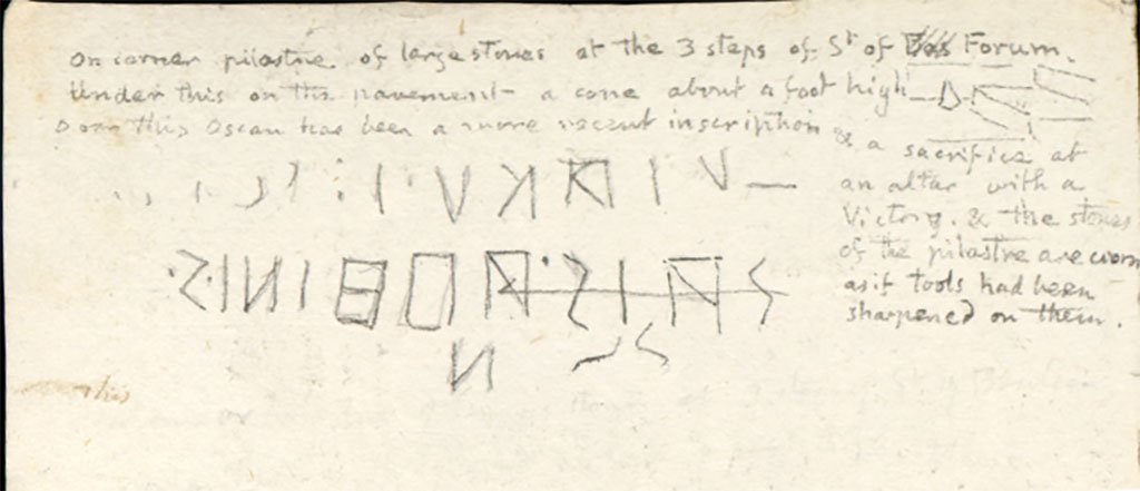 VIII.3.2 Pompeii. c.1819 sketch of Oscan inscription.
See Gell W & Gandy, J.P: Pompeii published 1819 [Dessins publiés dans l'ouvrage de Sir William Gell et John P. Gandy, Pompeiana: the topography, edifices and ornaments of Pompei, 1817-1819], pl. 68 verso.
See book in Bibliothèque de l'Institut National d'Histoire de l'Art [France], collections Jacques Doucet Gell Dessins 1817-1819
Use Etalab Open Licence ou Etalab Licence Ouverte
