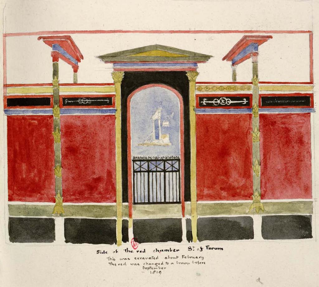 Pompeii. Between 1819 and 1832, sketch by W. Gell described by him as -
“Side of the red chamber Street of (or South of) Forum.
This was excavated about February. The red was changed to brown before September 1819.”
See Gell, W. Pompeii unpublished [Dessins de l'édition de 1832 donnant le résultat des fouilles post 1819 (?)] vol II, pl. 45.
Bibliothèque de l'Institut National d'Histoire de l'Art, collections Jacques Doucet, Identifiant numérique Num MS180 (2).
See book in INHA Use Etalab Licence Ouverte
