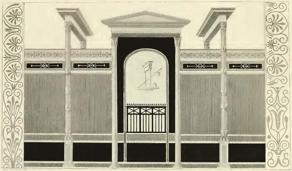 According to Gell in Pompeiana –
“The Plate No. V. is taken from the wall of an apartment in this quarter, and is given principally on account of the practicability of its application to modern decoration. It might make a beautiful library, with a mirror in the centre, vases arranged on the top, and maps to be drawn down from the frieze: books might occupy the space under the red curtains, and archives etc., the base.”
See Gell, W, 1832. Pompeiana: Vol 1. London: Jennings and Chaplin, (p. 7, and Pl. V).
